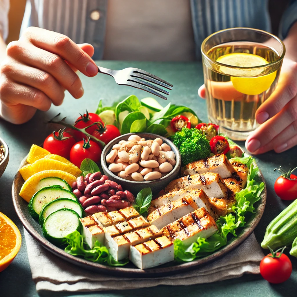 The Ultimate Protein Guide for Muscle Growth- A person enjoying a delicious and healthy meal. The meal includes a variety of protein-rich foods such as grilled chicken, fish, beans, and tofu. The