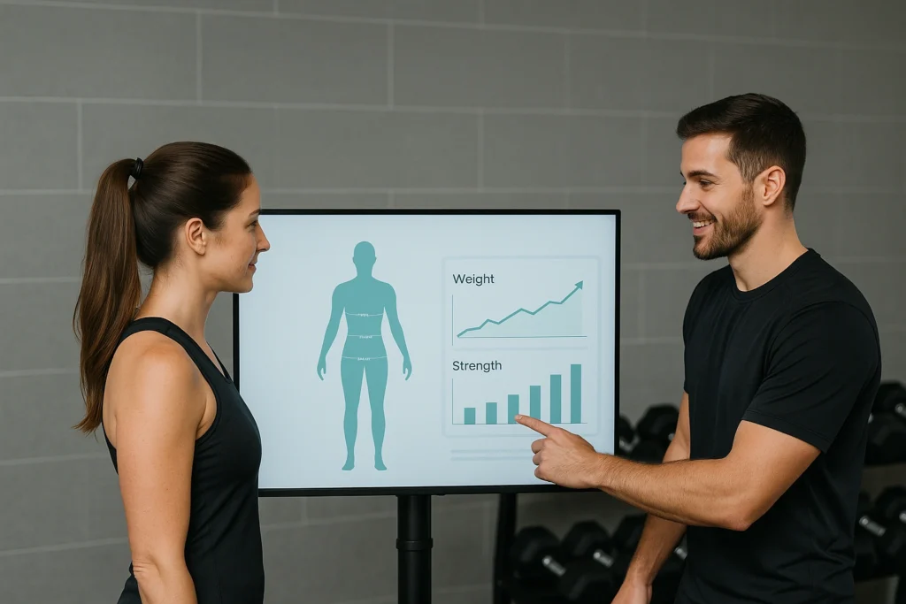 Personal trainer and client reviewing fitness data on a digital screen showing a body scan and performance graphs