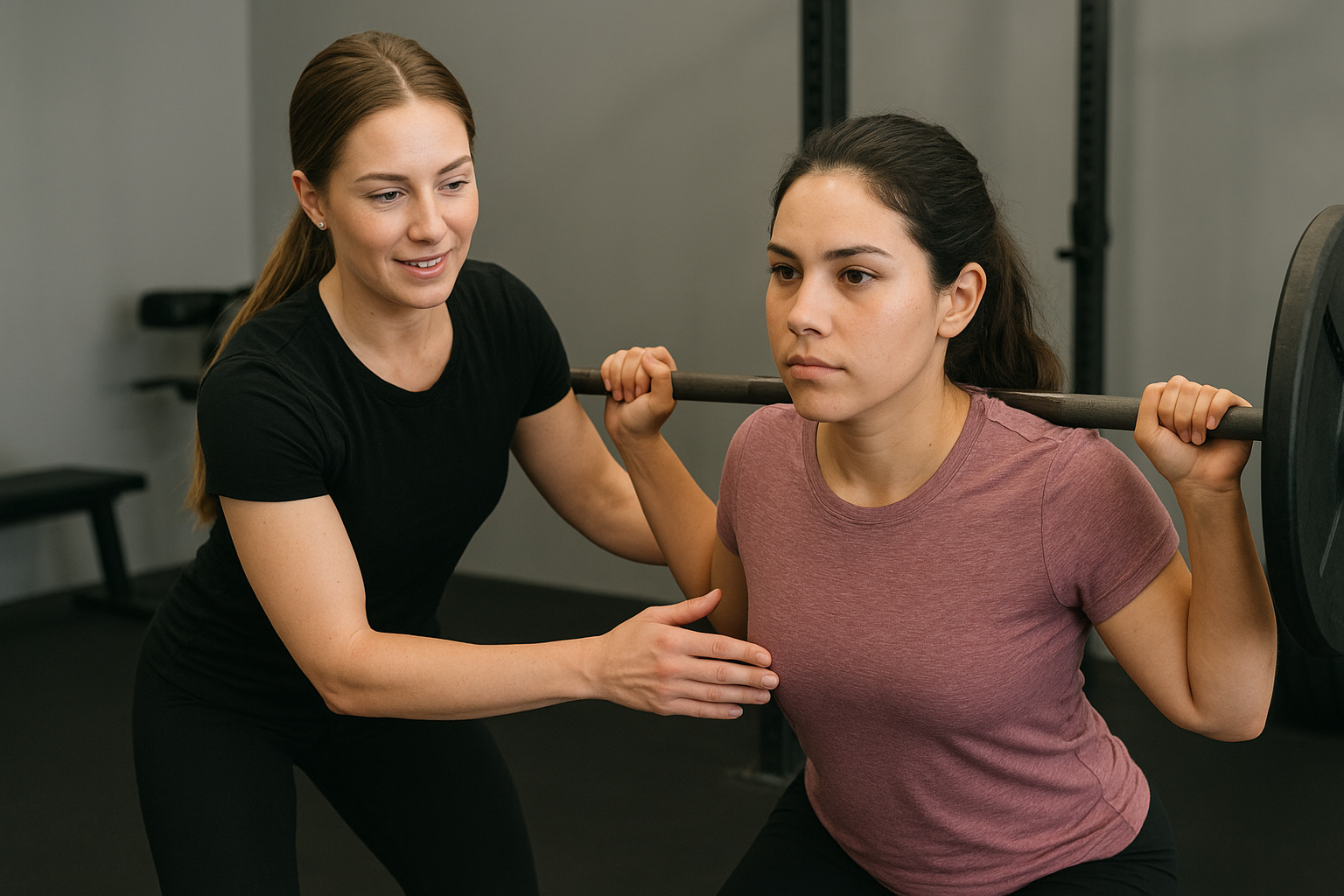 Female personal trainer guiding client through strength training workout in a modern Duluth GA fitness studio.