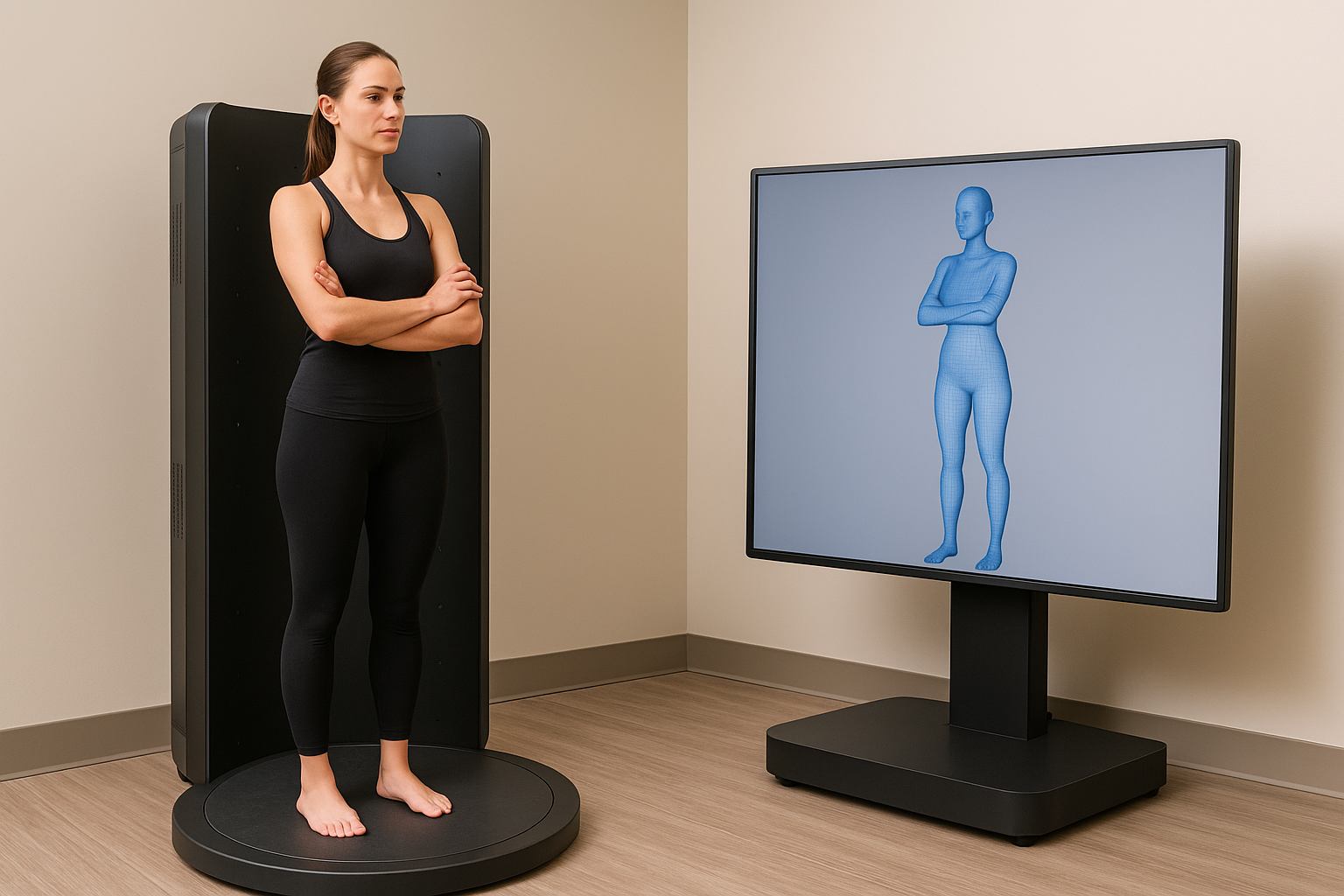 Woman undergoing 3D body scanning on a circular platform with her digital wireframe model displayed on a nearby screen in a fitness studio.