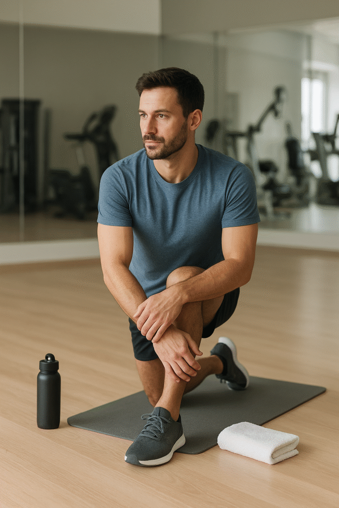A fit man in a blue athletic shirt and black shorts stretches on a gym mat with a water bottle and towel beside him.