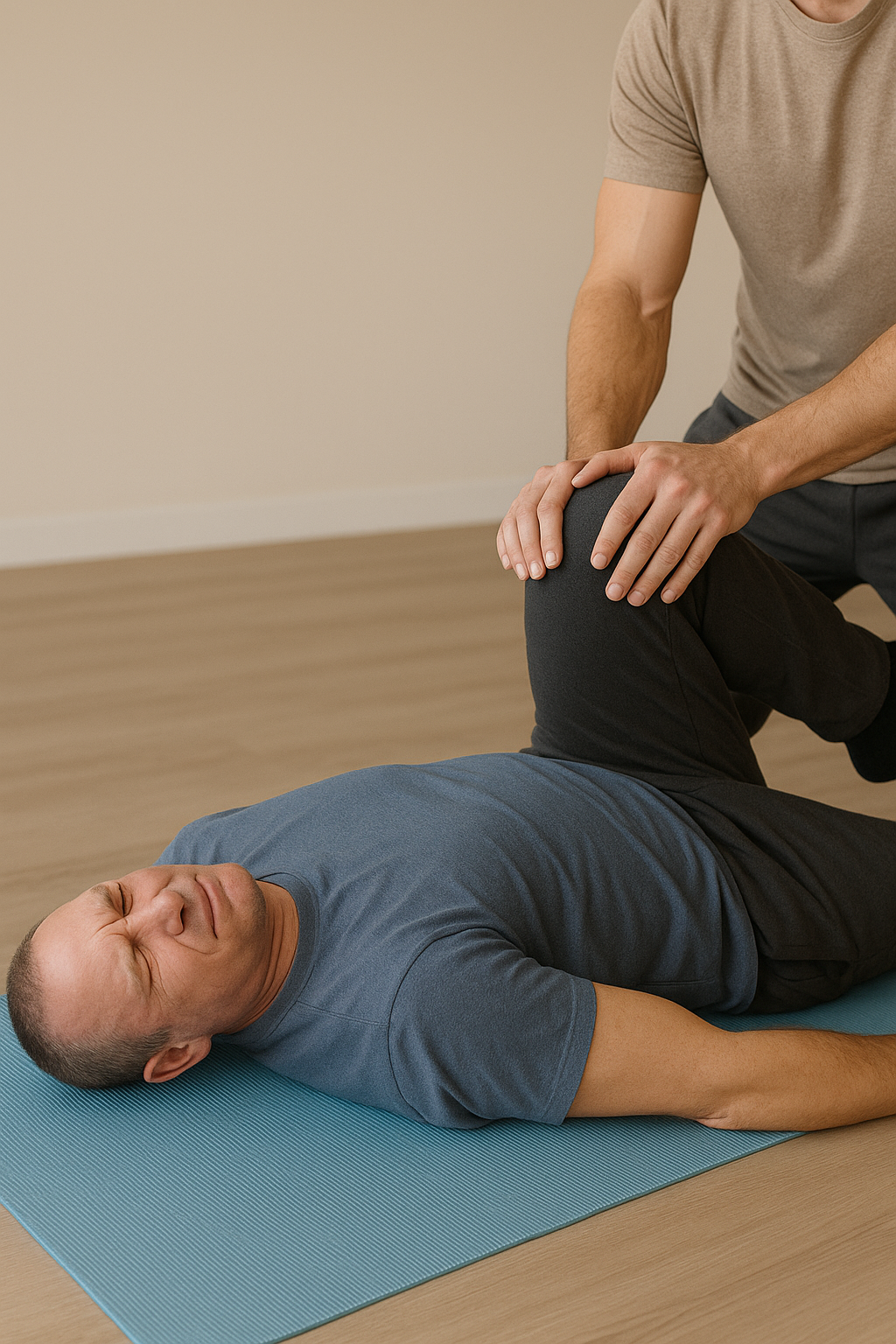 Therapist assisting a middle-aged man with a leg stretch on a blue yoga mat in a calm, neutral-toned room.