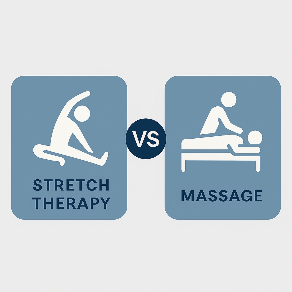 Modern flat-style illustration showing a male receiving assisted stretch therapy in a clean, professional studio environment near Duluth, GA.