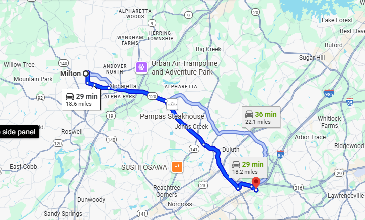 Google Maps directions from Milton, GA to Ferris Fitness in Duluth, GA showing a 29-minute drive covering about 18 miles.