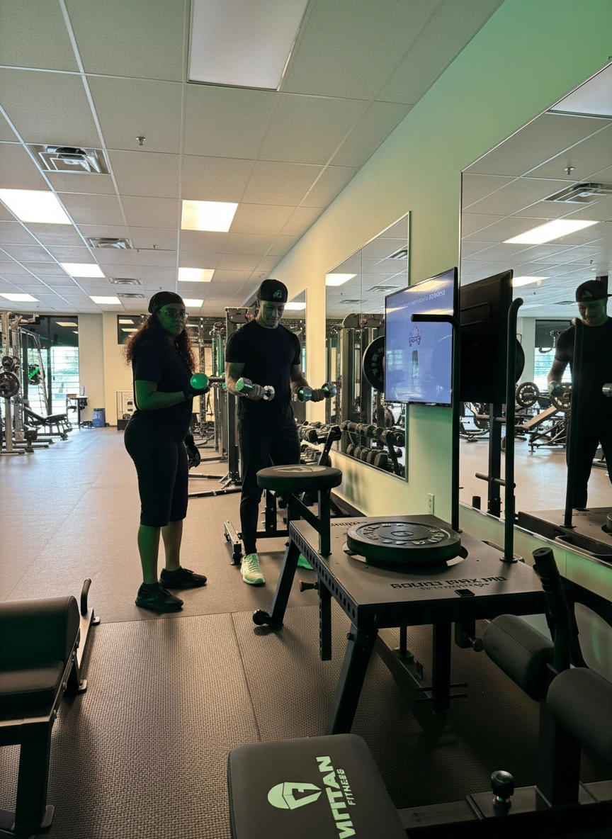 Two people lifting dumbbells with guidance in a private gym at Ferris Fitness, Duluth, GA.