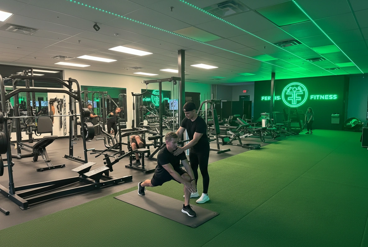 Personal trainer assisting a client with a stretching exercise at Ferris Fitness in Duluth, GA.
