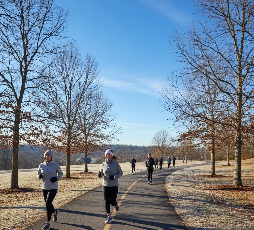 People jogging on a winter morning at a park in Duluth, GA, wearing light jackets and hats for cold-weather fitness.