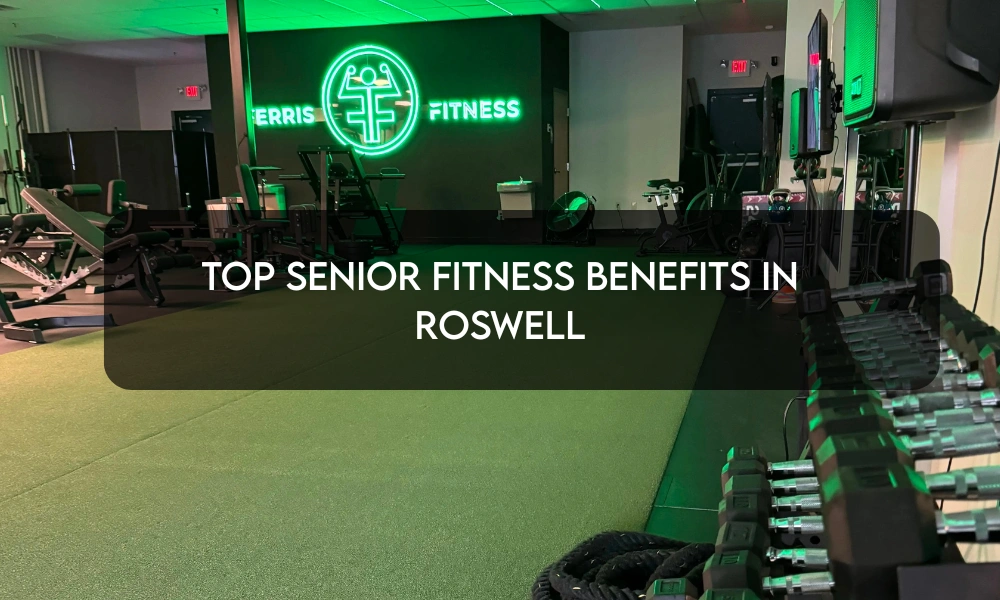 Interior of Ferris Fitness gym featuring modern equipment, neon green logo, and clean workout space promoting senior fitness in Roswell.