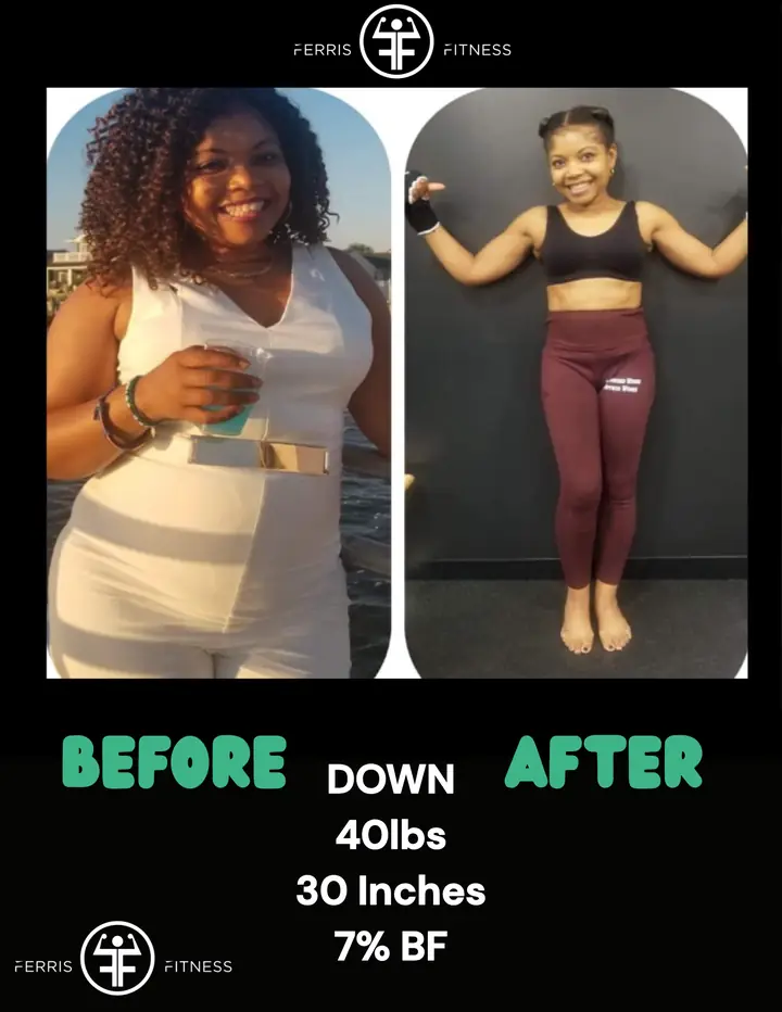 Ferris Fitness member before and after: down 40 lbs and 30 inches