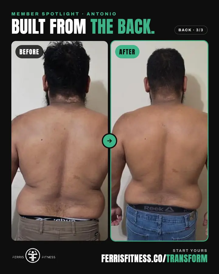 Ferris Fitness member transformation: Same member, back view after 6 weeks