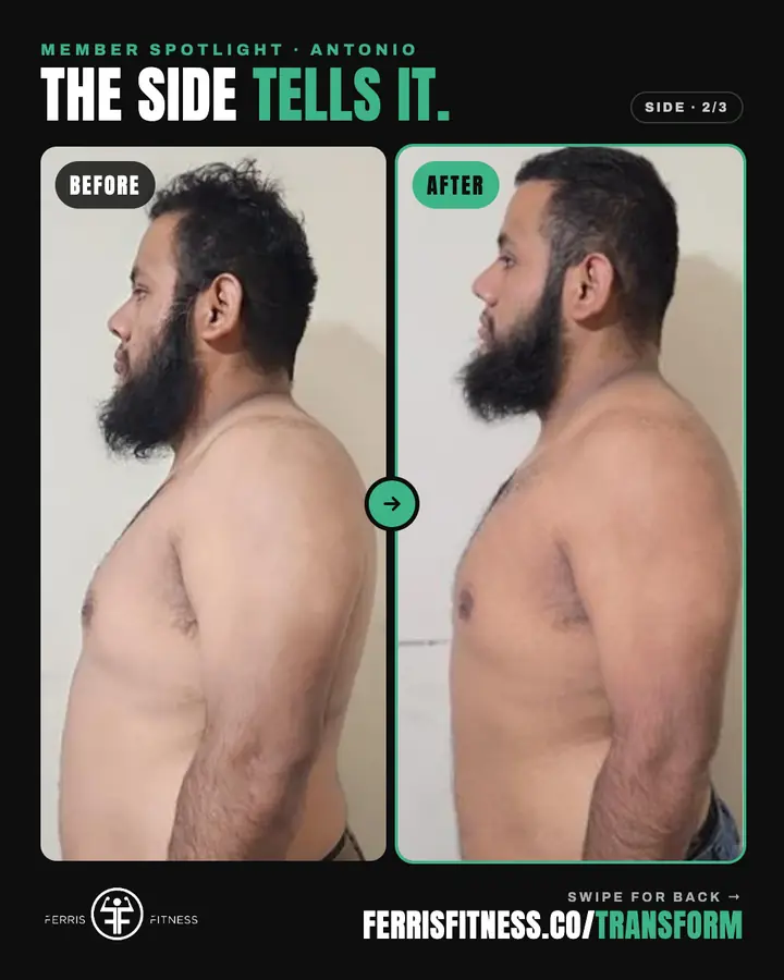 Ferris Fitness member transformation: Same member, side view after 6 weeks